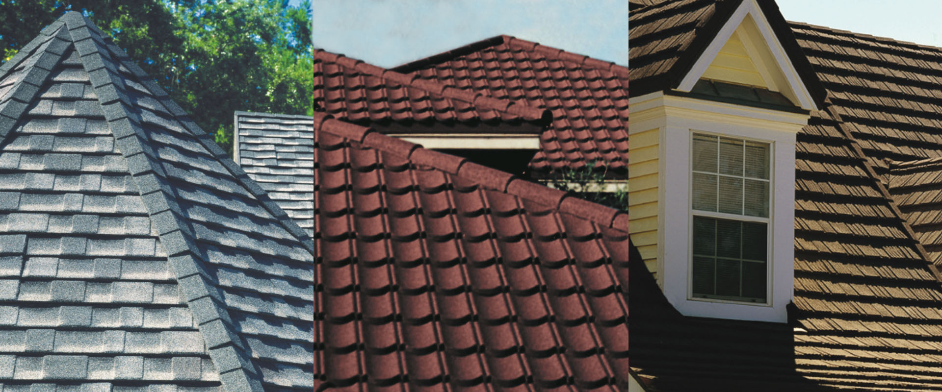 Image de 3 toits en asphalte gris, rouge et jaune